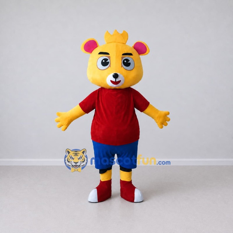 Custom Yellow Red and Blue Bear in T Shirt Mascot Costume Adult Full Body Suit for School Events Custom Yellow Red and Blue Bear in T Shirt Mascot Costume Adult Full Body Suit for School Events
