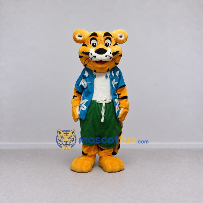 Custom Orange Blue and Green Tiger in Floral Shirt Mascot Costume Adult Full Body Suit for Summer Events Custom Orange Blue and Green Tiger in Floral Shirt Mascot Costume Adult Full Body Suit for Summer Events