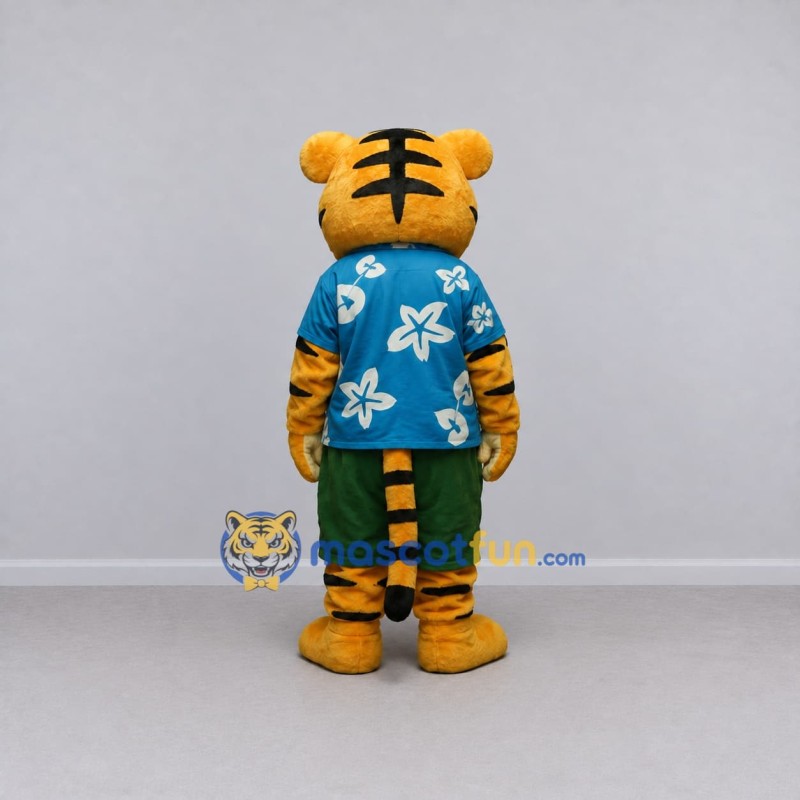 Custom Orange Blue and Green Tiger in Floral Shirt Mascot Costume Adult Full Body Suit for Summer Events Custom Orange Blue and Green Tiger in Floral Shirt Mascot Costume Adult Full Body Suit for Summer Events