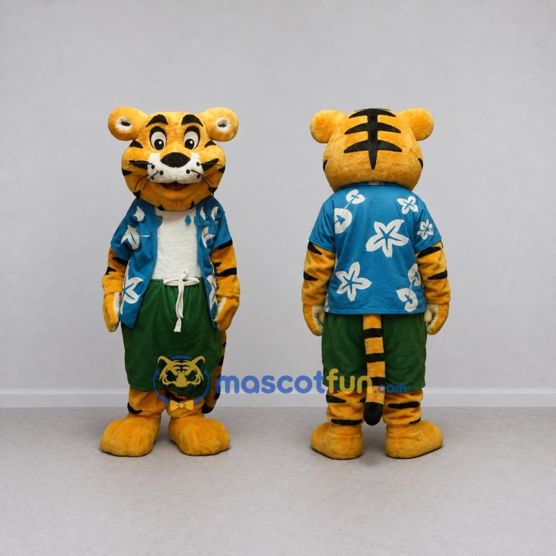 Custom Orange Blue and Green Tiger in Floral Shirt Mascot Costume Adult Full Body Suit for Summer Events Custom Orange Blue and Green Tiger in Floral Shirt Mascot Costume Adult Full Body Suit for Summer Events