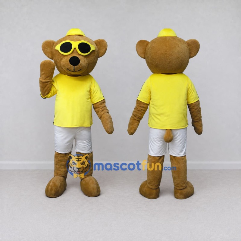 Custom Brown Yellow and White Bear in Sunglasses Mascot Costume Adult Full Body Suit for Summer Events