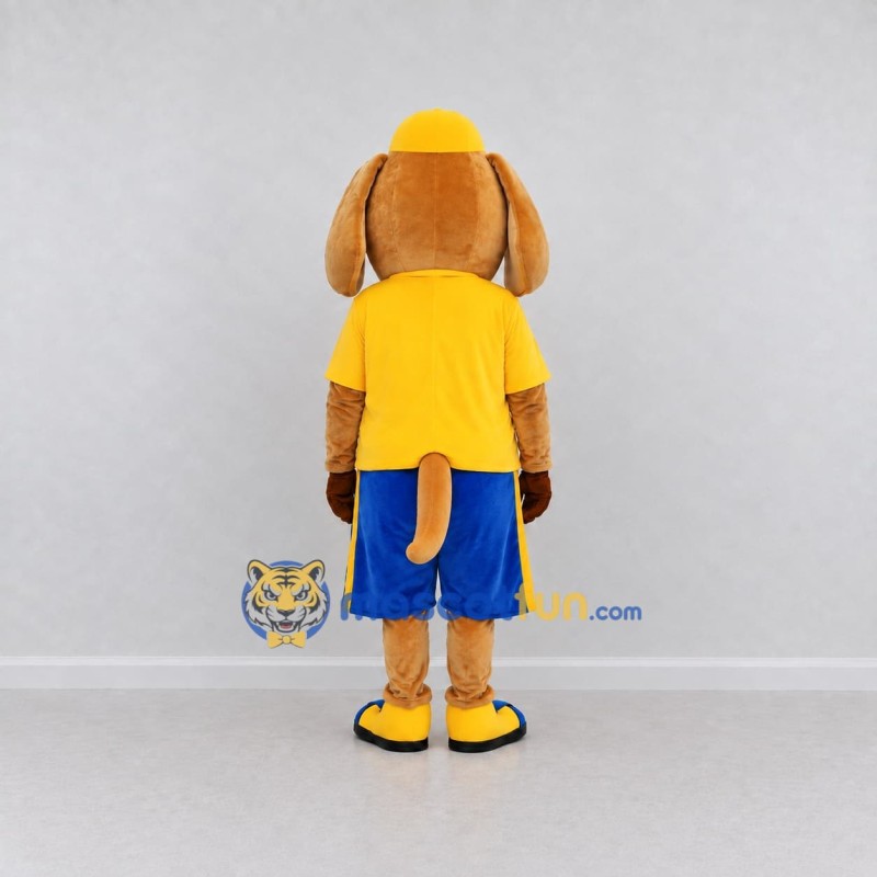 Custom Brown Yellow and Blue Dog in T Shirt Mascot Costume Adult Full Body Suit for School Events Custom Brown Yellow and Blue Dog in T Shirt Mascot Costume Adult Full Body Suit for School Events