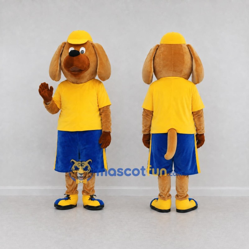 Custom Brown Yellow and Blue Dog in T Shirt Mascot Costume Adult Full Body Suit for School Events Custom Brown Yellow and Blue Dog in T Shirt Mascot Costume Adult Full Body Suit for School Events