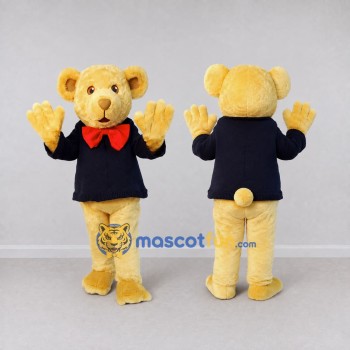 Custom Yellow Navy Blue and Red Teddy Bear with Bow Tie Mascot Costume Adult Full Body Suit for Community Events
