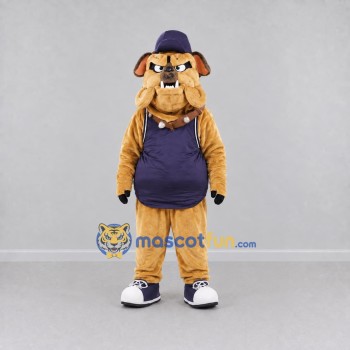 Custom Tan and Navy Blue Bulldog in Cap Mascot Costume Adult Full Body Suit for Sports Events