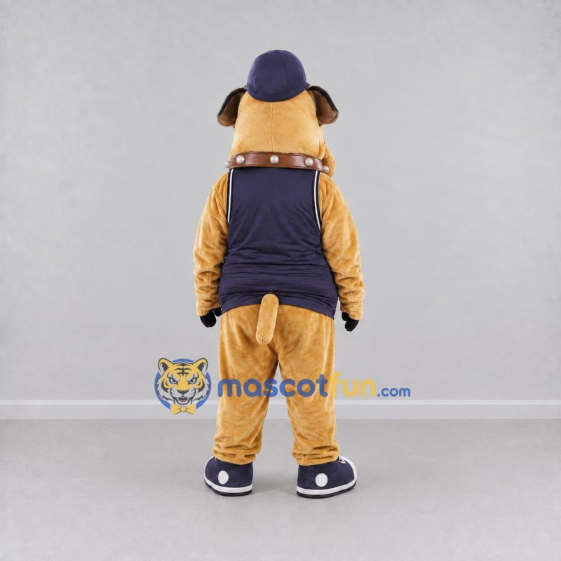 Custom Tan and Navy Blue Bulldog in Cap Mascot Costume Adult Full Body Suit for Sports Events Custom Tan and Navy Blue Bulldog in Cap Mascot Costume Adult Full Body Suit for Sports Events