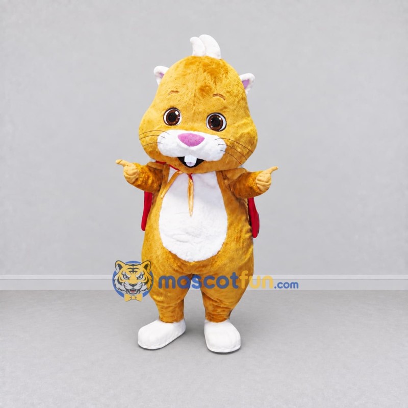 Custom Golden Yellow White and Red Rodent with Backpack Mascot Costume Adult Full Body Suit for School Events