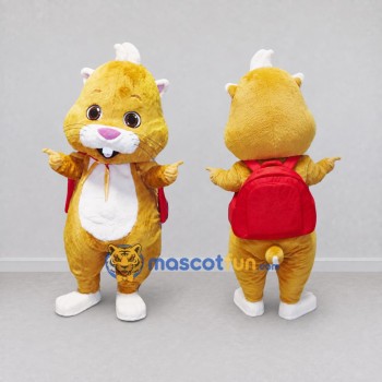 Custom Golden Yellow White and Red Rodent with Backpack Mascot Costume Adult Full Body Suit for School Events