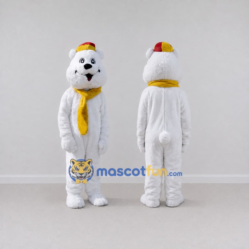 Custom White and Yellow Bear with Scarf Mascot Costume Adult Full Body Suit for Winter Events Custom White and Yellow Bear with Scarf Mascot Costume Adult Full Body Suit for Winter Events