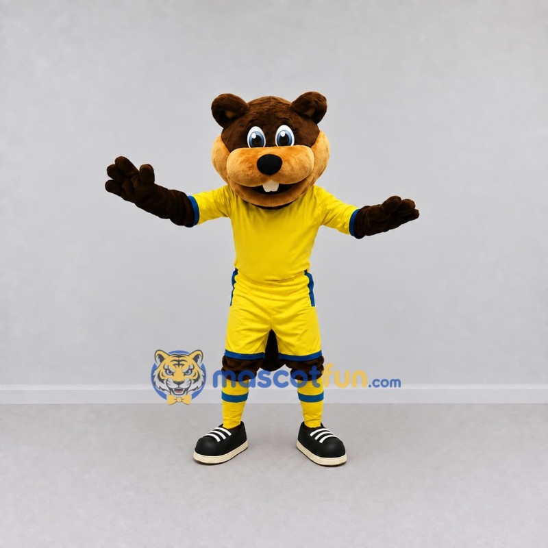 Custom Brown and Yellow Beaver in Sportswear Mascot Costume Adult Full Body Suit for Sports Events Custom Brown and Yellow Beaver in Sportswear Mascot Costume Adult Full Body Suit for Sports Events