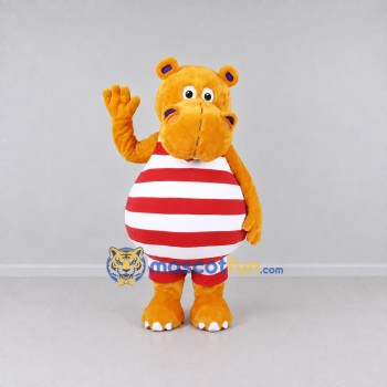 Custom Yellow Red and White Hippo in Striped Outfit Mascot Costume Adult Full Body Suit for School Events