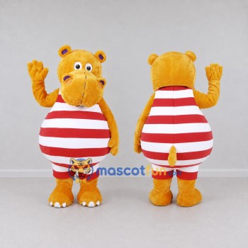 Custom Yellow Red and White Hippo in Striped Outfit Mascot Costume Adult Full Body Suit for School Events