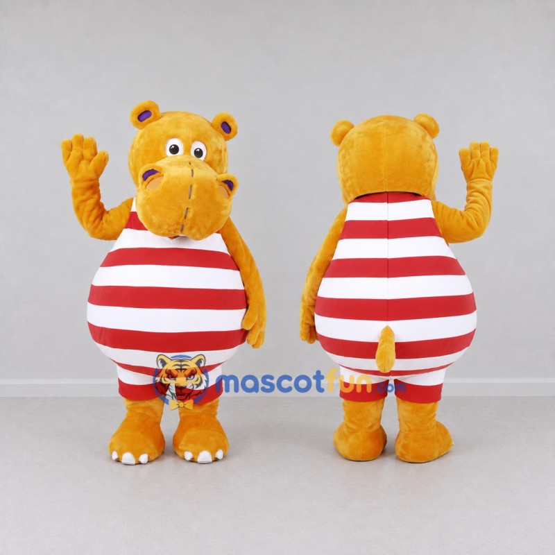 Custom Yellow Red and White Hippo in Striped Outfit Mascot Costume Adult Full Body Suit for School Events Custom Yellow Red and White Hippo in Striped Outfit Mascot Costume Adult Full Body Suit for School Events