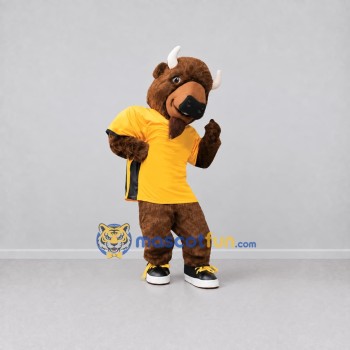 Custom Brown and Yellow Bison in T Shirt Mascot Costume Adult Full Body Suit for Sports Events