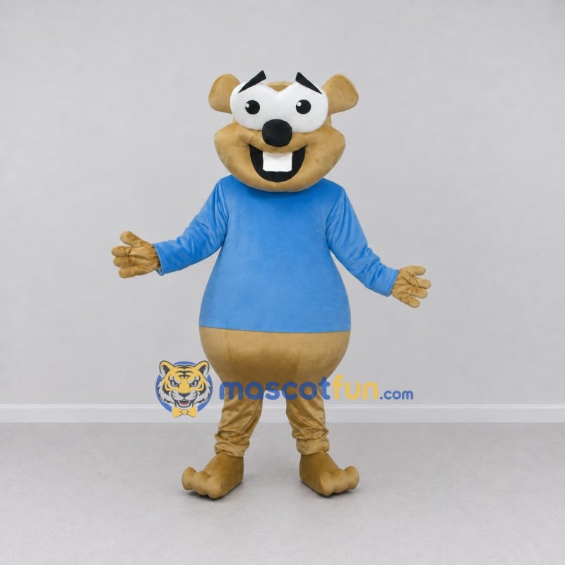 Custom Tan and Blue Beaver in T Shirt Mascot Costume Adult Full Body Suit for School Events