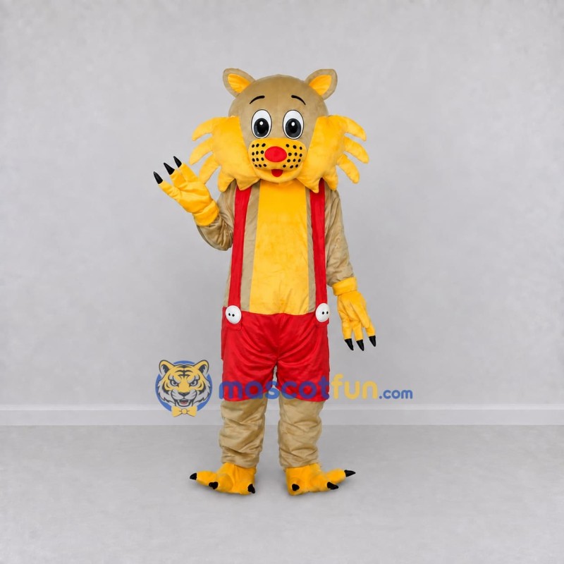 Custom Tan Yellow and Red Lion in Suspenders Mascot Costume Adult Full Body Suit for School Events Custom Tan Yellow and Red Lion in Suspenders Mascot Costume Adult Full Body Suit for School Events