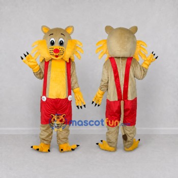 Custom Tan Yellow and Red Lion in Suspenders Mascot Costume Adult Full Body Suit for School Events