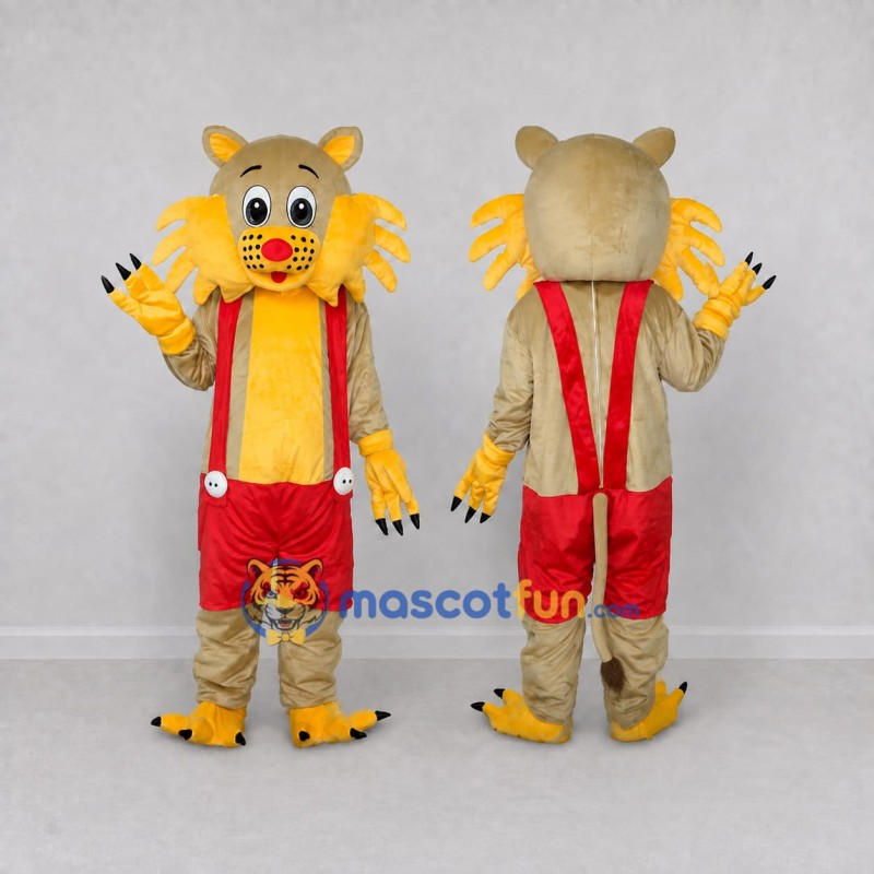 Custom Tan Yellow and Red Lion in Suspenders Mascot Costume Adult Full Body Suit for School Events Custom Tan Yellow and Red Lion in Suspenders Mascot Costume Adult Full Body Suit for School Events