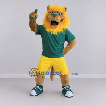 Custom Tan Green and Yellow Lion in Sportswear Mascot Costume Adult Full Body Suit for Sports Events Custom Tan Green and Yellow Lion in Sportswear Mascot Costume Adult Full Body Suit for Sports Events