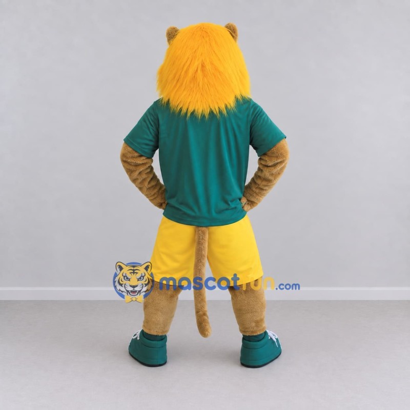 Custom Tan Green and Yellow Lion in Sportswear Mascot Costume Adult Full Body Suit for Sports Events Custom Tan Green and Yellow Lion in Sportswear Mascot Costume Adult Full Body Suit for Sports Events