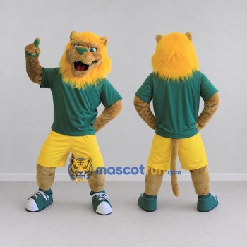 Custom Tan Green and Yellow Lion in Sportswear Mascot Costume Adult Full Body Suit for Sports Events