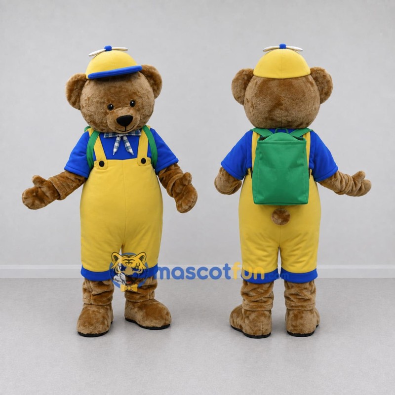 Custom Brown Yellow and Blue Bear in Overalls Mascot Costume Adult Full Body Suit for School Events