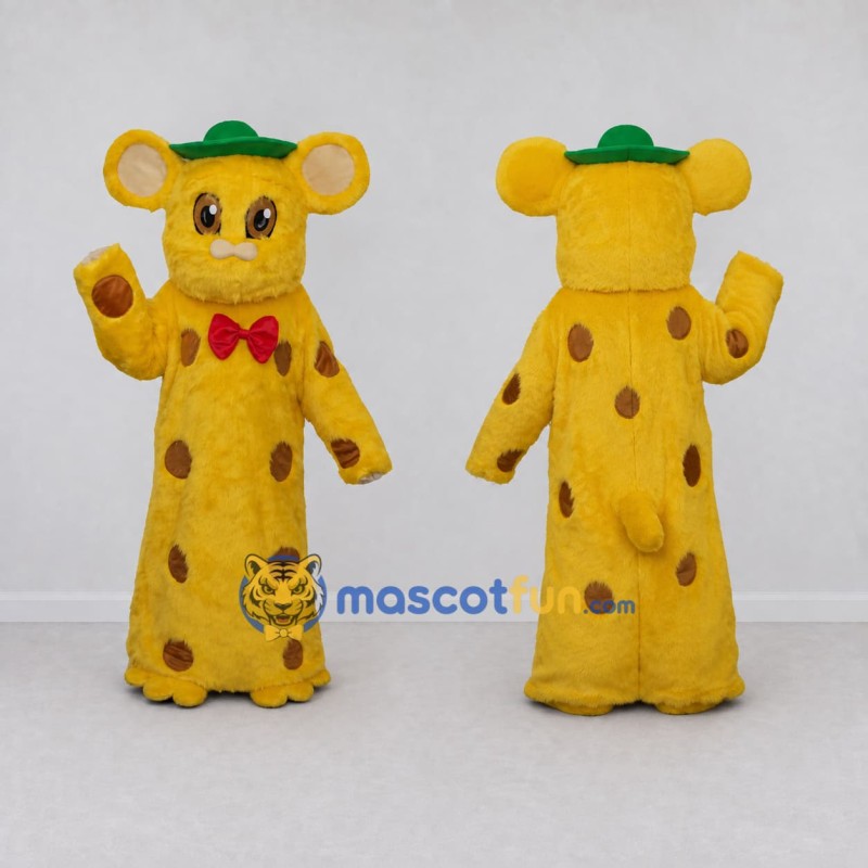 Custom Yellow Brown and Green Mouse in Polka Dot Outfit Mascot Costume Adult Full Body Suit for Theme Parties Custom Yellow Brown and Green Mouse in Polka Dot Outfit Mascot Costume Adult Full Body Suit for Theme Parties