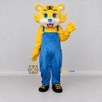 Custom Yellow and Blue Tiger in Overalls Mascot Costume Adult Full Body Suit for School Events Custom Yellow and Blue Tiger in Overalls Mascot Costume Adult Full Body Suit for School Events