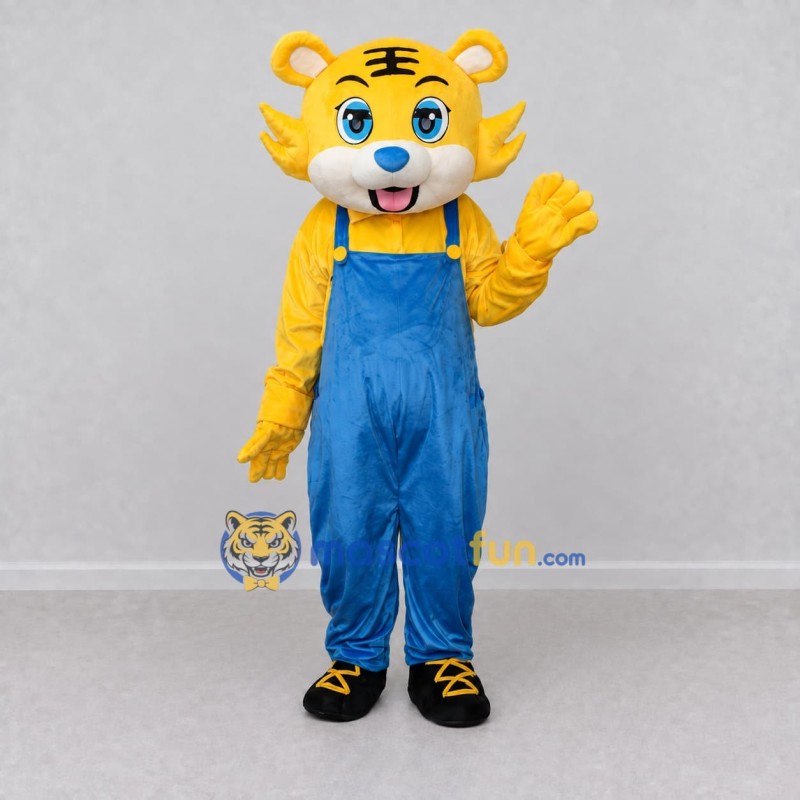 Custom Yellow and Blue Tiger in Overalls Mascot Costume Adult Full Body Suit for School Events Custom Yellow and Blue Tiger in Overalls Mascot Costume Adult Full Body Suit for School Events