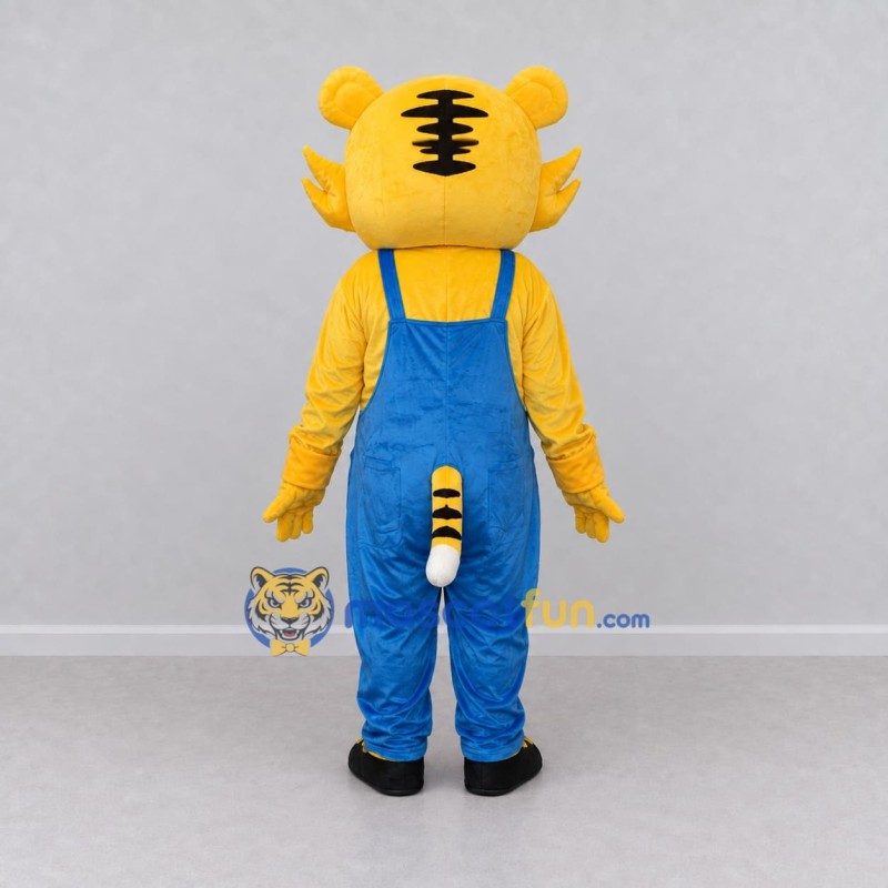 Custom Yellow and Blue Tiger in Overalls Mascot Costume Adult Full Body Suit for School Events Custom Yellow and Blue Tiger in Overalls Mascot Costume Adult Full Body Suit for School Events