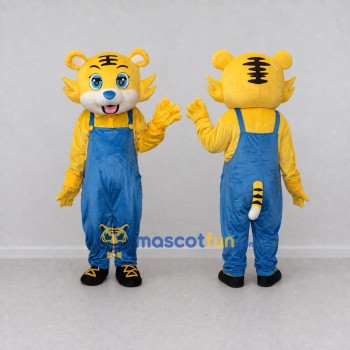 Custom Yellow and Blue Tiger in Overalls Mascot Costume Adult Full Body Suit for School Events