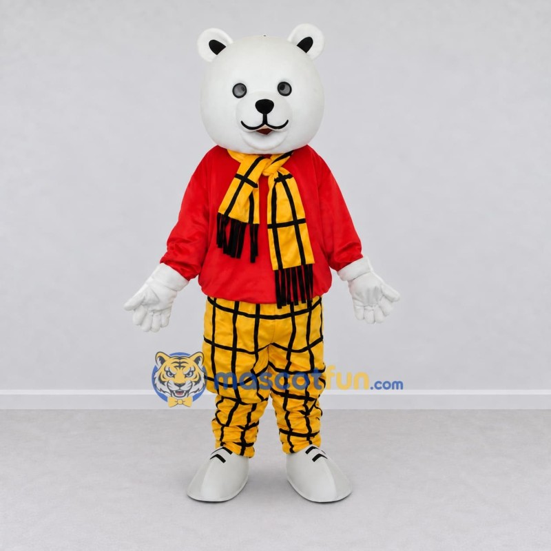 Custom White Red and Yellow Bear with Scarf Mascot Costume Adult Full Body Suit for Winter Events Custom White Red and Yellow Bear with Scarf Mascot Costume Adult Full Body Suit for Winter Events