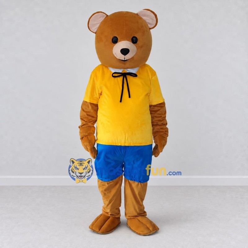 Custom Brown Yellow and Blue Bear in T Shirt Mascot Costume Adult Full Body Suit for School Events