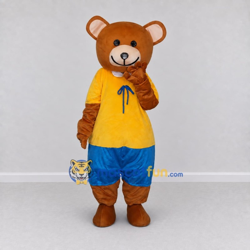 Custom Brown Yellow and Blue Bear in T Shirt Mascot Costume Adult Full Body Suit for School Events