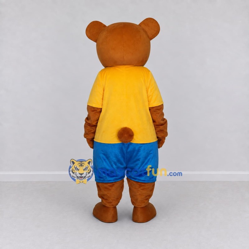 Custom Brown Yellow and Blue Bear in T Shirt Mascot Costume Adult Full Body Suit for School Events