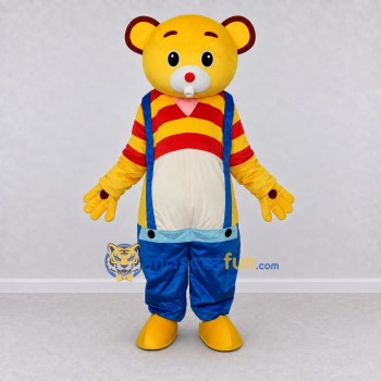 Custom Yellow Red and Blue Bear in Suspenders Mascot Costume Adult Full Body Suit for School Events Custom Yellow Red and Blue Bear in Suspenders Mascot Costume Adult Full Body Suit for School Events