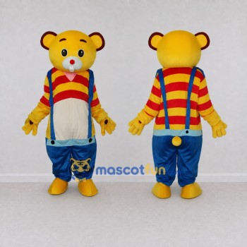 Custom Yellow Red and Blue Bear in Suspenders Mascot Costume Adult Full Body Suit for School Events