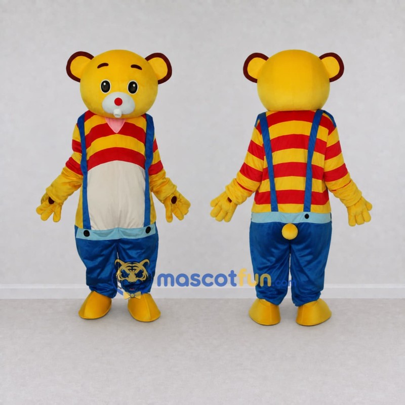 Custom Yellow Red and Blue Bear in Suspenders Mascot Costume Adult Full Body Suit for School Events Custom Yellow Red and Blue Bear in Suspenders Mascot Costume Adult Full Body Suit for School Events