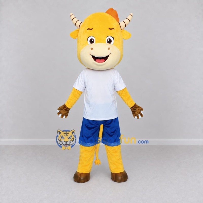 Custom Yellow White and Blue Goat in Sportswear Mascot Costume Adult Full Body Suit for Sports Events Custom Yellow White and Blue Goat in Sportswear Mascot Costume Adult Full Body Suit for Sports Events