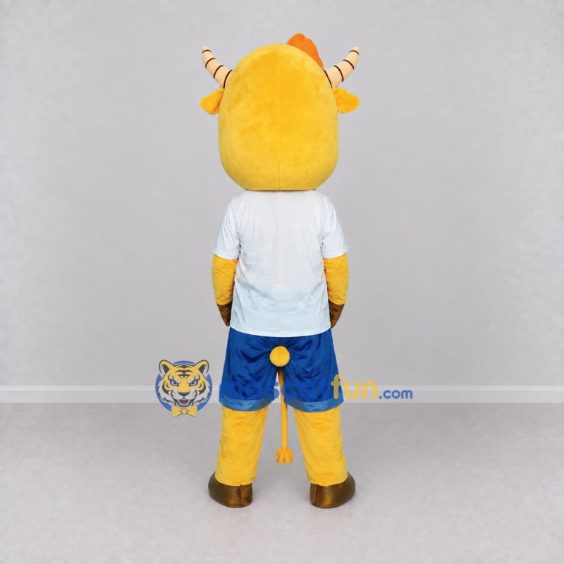 Custom Yellow White and Blue Goat in Sportswear Mascot Costume Adult Full Body Suit for Sports Events Custom Yellow White and Blue Goat in Sportswear Mascot Costume Adult Full Body Suit for Sports Events