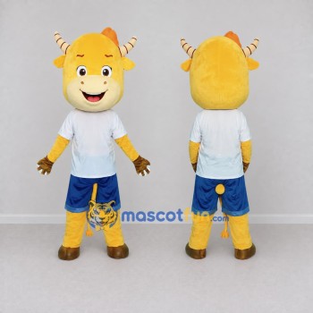 Custom Yellow White and Blue Goat in Sportswear Mascot Costume Adult Full Body Suit for Sports Events