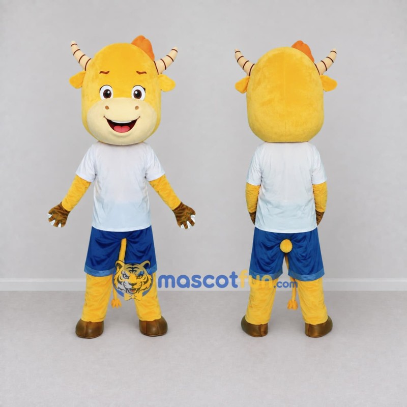 Custom Yellow White and Blue Goat in Sportswear Mascot Costume Adult Full Body Suit for Sports Events Custom Yellow White and Blue Goat in Sportswear Mascot Costume Adult Full Body Suit for Sports Events