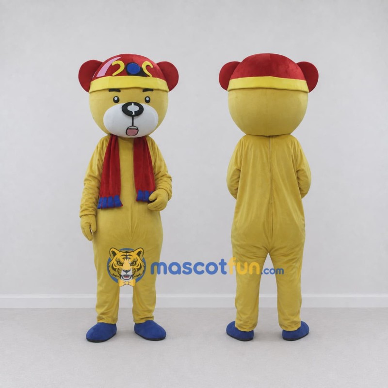 Custom Yellow and Red Bear in Hat and Scarf Mascot Costume Adult Full Body Suit for Winter Events Custom Yellow and Red Bear in Hat and Scarf Mascot Costume Adult Full Body Suit for Winter Events