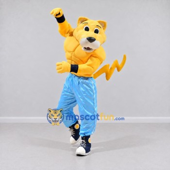 Custom Yellow and Blue Muscular Fantasy Cat Mascot Costume Adult Full Body Suit for Theme Parties Custom Yellow and Blue Muscular Fantasy Cat Mascot Costume Adult Full Body Suit for Theme Parties