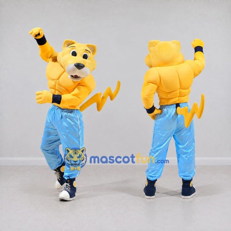 Custom Yellow and Blue Muscular Fantasy Cat Mascot Costume Adult Full Body Suit for Theme Parties Custom Yellow and Blue Muscular Fantasy Cat Mascot Costume Adult Full Body Suit for Theme Parties