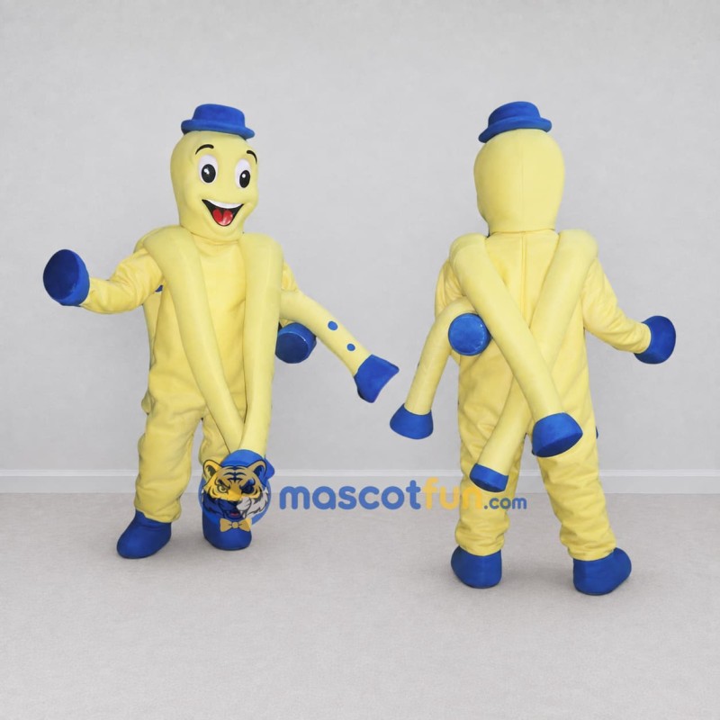 Custom Yellow and Blue Octopus in Hat Mascot Costume Adult Full Body Suit for Ocean Events Custom Yellow and Blue Octopus in Hat Mascot Costume Adult Full Body Suit for Ocean Events