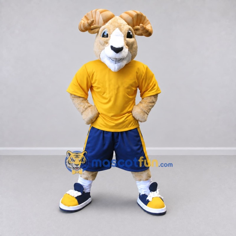 Custom Tan Yellow and Blue Ram in Sportswear Mascot Costume Adult Full Body Suit for Sports Events Custom Tan Yellow and Blue Ram in Sportswear Mascot Costume Adult Full Body Suit for Sports Events