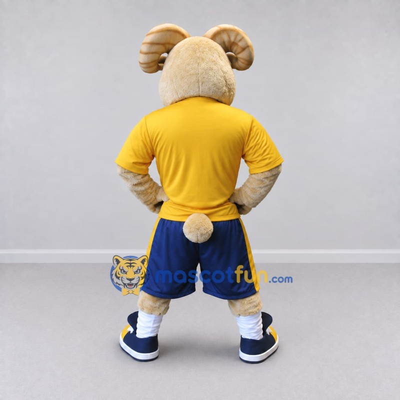 Custom Tan Yellow and Blue Ram in Sportswear Mascot Costume Adult Full Body Suit for Sports Events Custom Tan Yellow and Blue Ram in Sportswear Mascot Costume Adult Full Body Suit for Sports Events