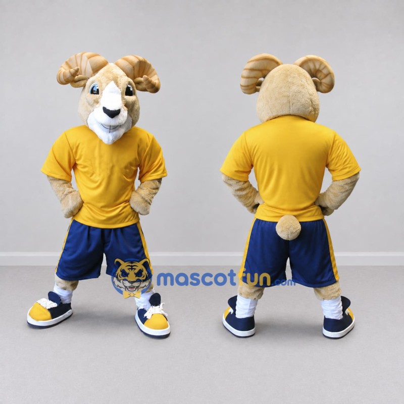 Custom Tan Yellow and Blue Ram in Sportswear Mascot Costume Adult Full Body Suit for Sports Events Custom Tan Yellow and Blue Ram in Sportswear Mascot Costume Adult Full Body Suit for Sports Events