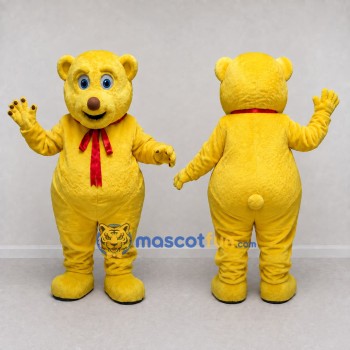 Custom Yellow and Red Teddy Bear with Bow Tie Mascot Costume Adult Full Body Suit for Community Events
